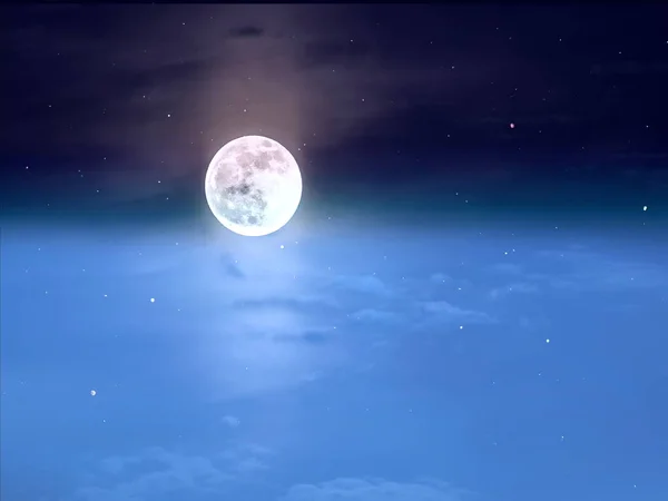 Lua Cheia Lua Estrelada Noite Céu Azul Mar Pôr Sol — Fotografia de Stock