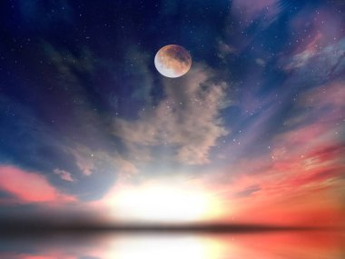 Ay ve yıldız bulutlu gökyüzü, karanlık mavi gece yıldızlı gökyüzü, yaz günbatımı gece yıldızlı gökyüzü kabarık bulutlar deniz karanlık mavi ay ışığı evren kozmik arka plan güzellik 
