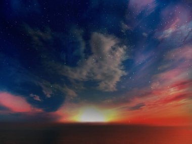 Koyu mavi gece yıldızlı gökyüzü, yaz günbatımı gece yıldızlı gökyüzü kabarık bulutlar deniz mavi ay ışığı evren kozmik arka plan güzellik 