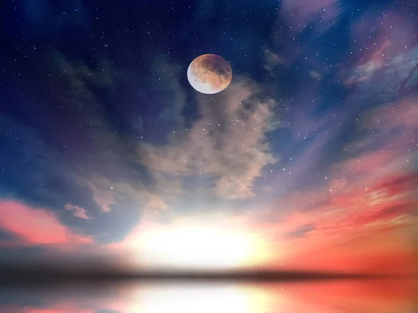 Měsíc Hvězda Oblačná Obloha Tmavě Modrá Noc Hvězdnatá Obloha Vesmír — Stock fotografie