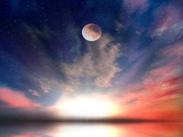 Moon and star cloudy sky,dark blue night starry sky universe, summer sunset at night starry sky fluffy clouds sea dark blue moonlight universe cosmic background nature beauty