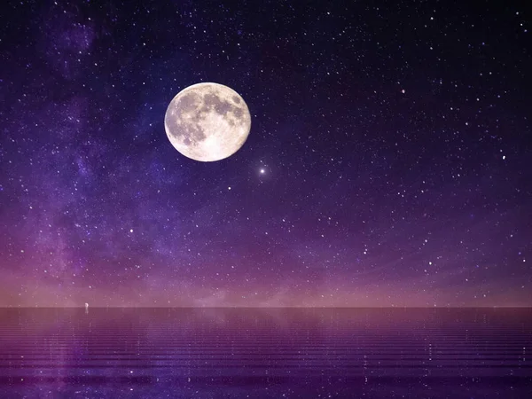 full moon on night starry sky at sea lilac pink sunset  sky stars summer sea dark blue water reflection moonlight galaxy background nature