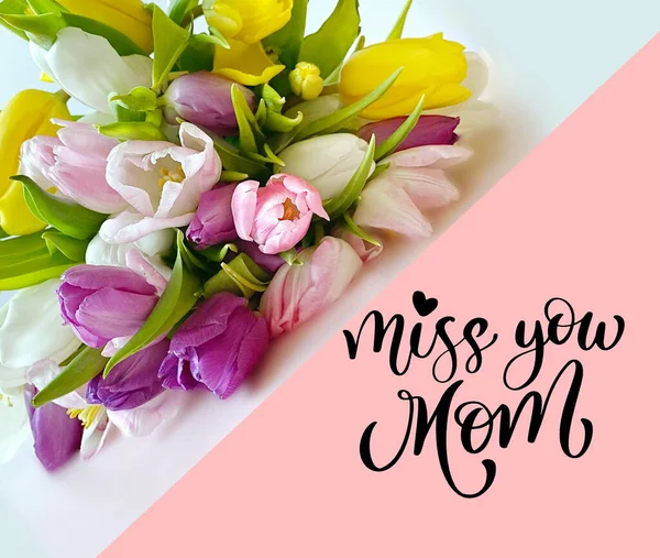 Gelukkig Moeder Dag Liefde Groeten Tulp Bloemen Tekst Wensen Roze — Stockfoto