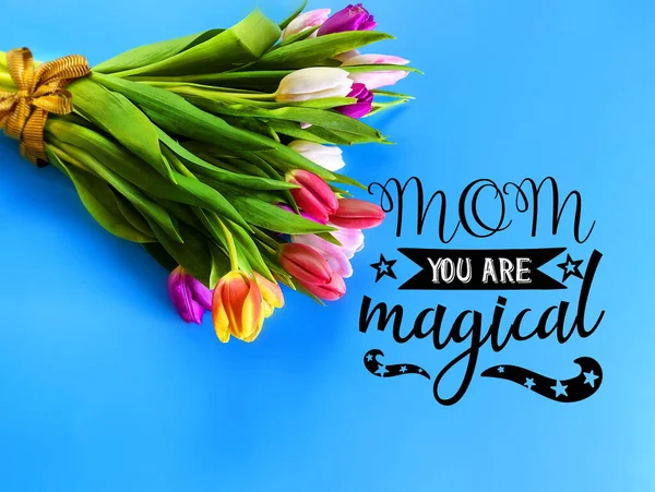 Gelukkig Moeder Dag Liefde Groeten Tulp Bloemen Tekst Wensen Roze — Stockfoto