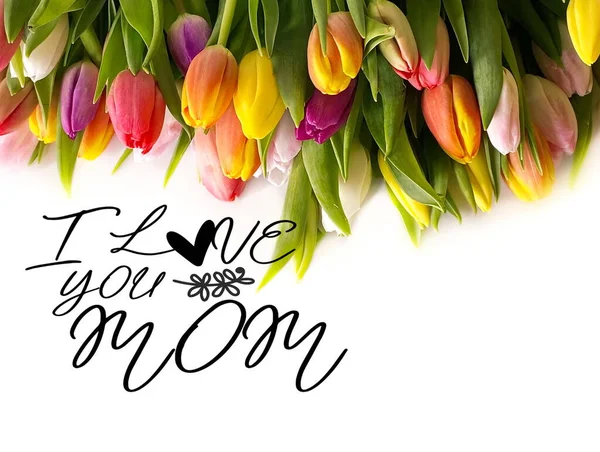 Szczęśliwy Dzień Matka Miłość Pozdrowienia Tulipan Kwiaty Tekst Życzenia Różowy — Zdjęcie stockowe