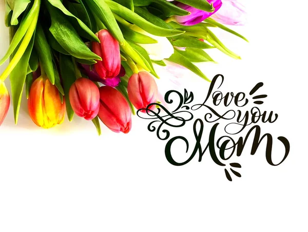 Feliz Madre Día Amor Saludos Tulipán Flores Texto Deseos Rosa — Foto de Stock