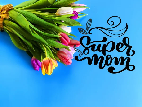 Gelukkig Moeder Dag Liefde Groeten Tulp Bloemen Tekst Wensen Roze — Stockfoto