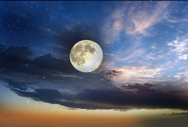 Moon and star starry at night at sunset sea , dark blue pink cloudy sky sunset light reflection cosmic universe nature landscape beautiful tropical background
