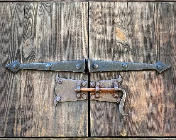medieval wooden door on castle antiquity house  iron bolt door lock  handle middle ages handmade craft