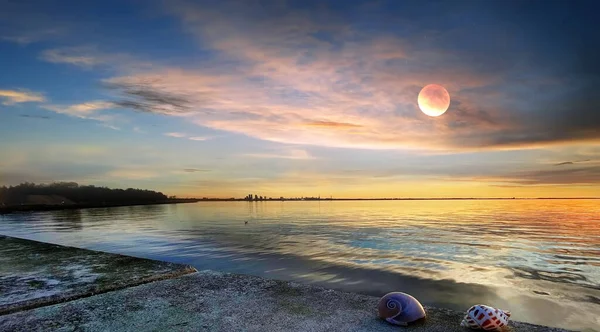 Měsíc Obloze Při Západu Slunce Moře Voda Modrá Odraz Mušle — Stock fotografie