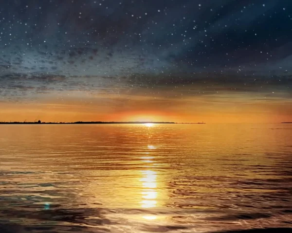 Sternenhimmel Der Nacht Gold Sonnenuntergang Meer Gold Bewölkten Himmel Und — Stockfoto