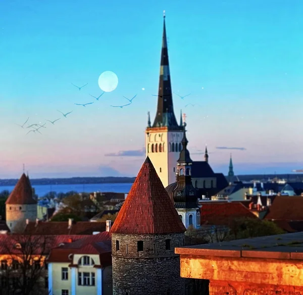 Tallinn Óvárosi Panoráma Naplemente Középkori Vörös Tetők Tornyok Este Telihold — Stock Fotó