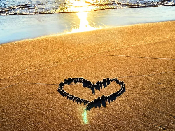 Summer Text Wishes Quotes Ocean Heart Symbol Beach Sand Sunset — Stock Photo, Image