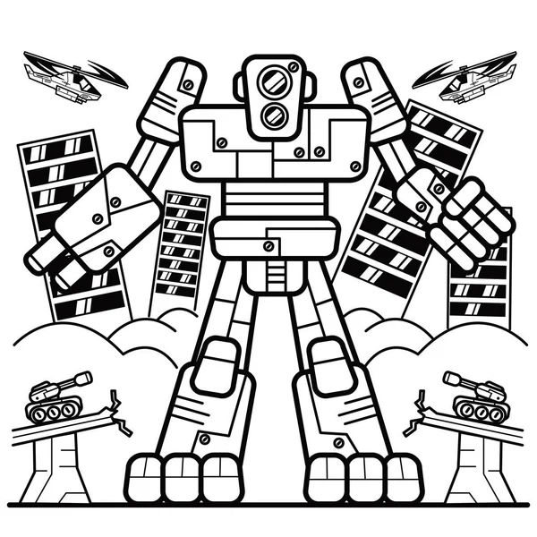 Ilustrace Vektorové Grafické Omalovánky Obří Robot Udeřit Město — Stockový vektor