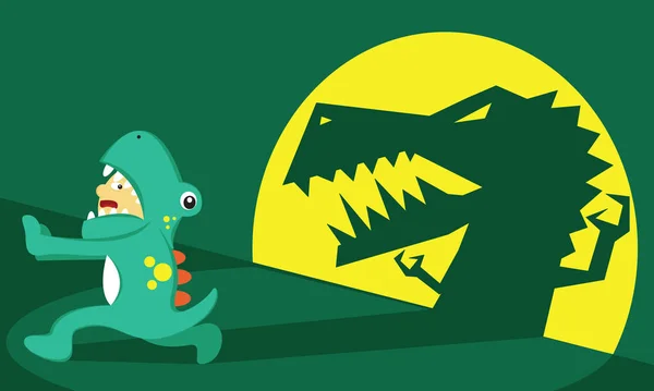 Illustration Vektorgrafik Des Jungen Cartoon Figur Tragen Dinosaurier Kostüm Angst — Stockvektor