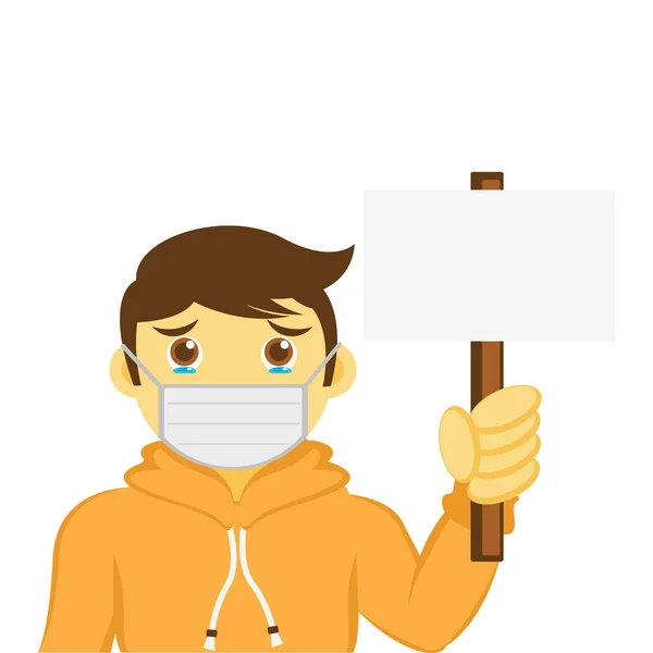 男の子のイラストベクトルグラフィック漫画のキャラクターは 空白の看板を保持マスクを着用します ウイルスを心配してるようだ — ストックベクタ