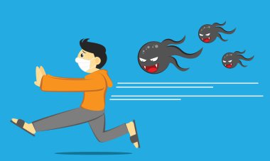 İllüstrasyon vektörü çizgi film karakteri, virüsten kaçıyor. Çocuk kitabına, tıbbi içeriğe, vb..