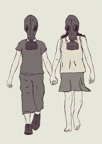 Kinder mit Gasmaske halten Händchen — Stockfoto