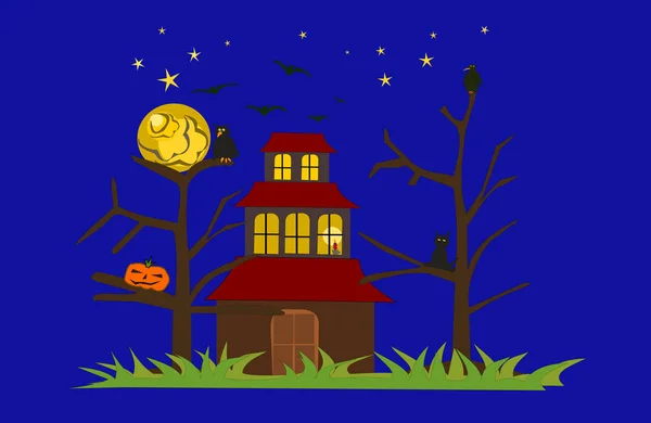 Noche de Halloween con casa embrujada — Vector de stock