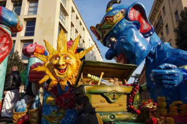 VERONA,ITALY-FEBRUARY 2020: chariots and masks parade during carnival of Verona city in February 2020. Parade through the city centre of Verona.