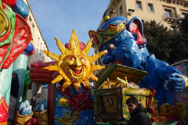 VERONA,ITALY-FEBRUARY 2020: chariots and masks parade during carnival of Verona city in February 2020. Parade through the city centre of Verona.