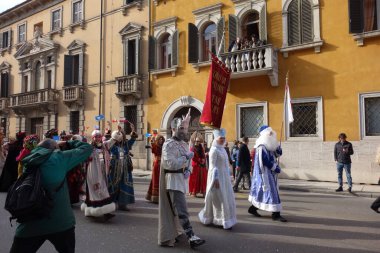 VERONA,ITALY-FEBRUARY 2020: chariots and masks parade during carnival of Verona city in February 2020. Parade through the city centre of Verona.