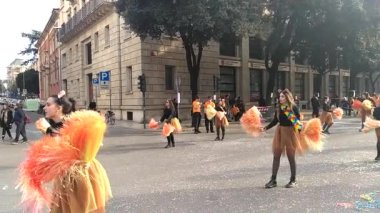 VERONA,ITALY-FEBRUARY 2020: chariots and masks parade during carnival of Verona city in February 2020. Parade through the city centre of Verona.