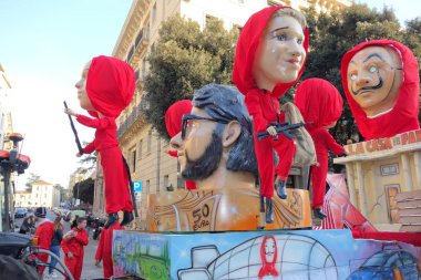 VERONA,ITALY-FEBRUARY 2020: chariots and masks parade during carnival of Verona city in February 2020. Parade through the city centre of Verona.