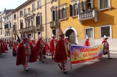 VERONA,ITALY-FEBRUARY 2020: chariots and masks parade during carnival of Verona city in February 2020. Parade through the city centre of Verona.