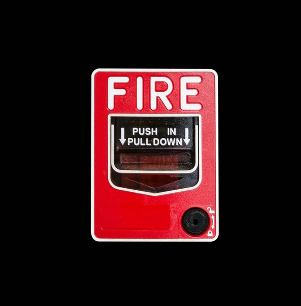 Fogo quebrar vidro Alarme de incêndio no alarme isolado no fundo preto — Fotografia de Stock