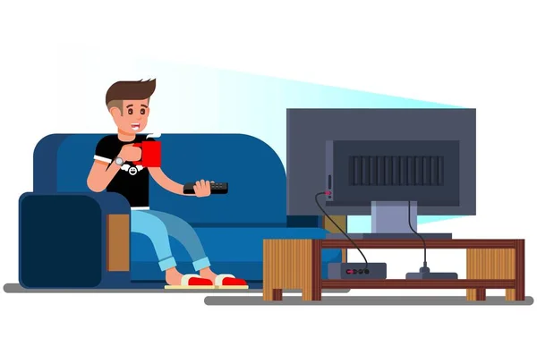 Vector ilustração homem assistindo televisão sofá TV — Vetor de Stock