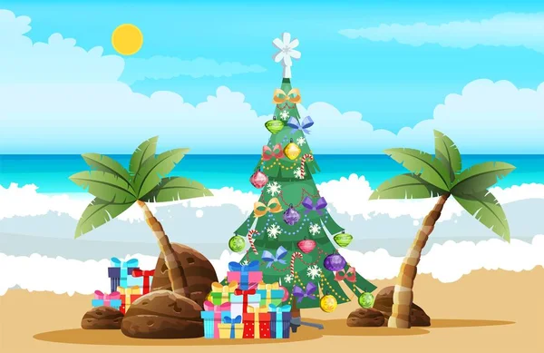 Tropikalne Boże Narodzenie plaża piasek palmy pudełka — Wektor stockowy