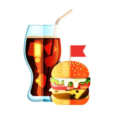Burger ve soda düz tasarım renk simgesi.