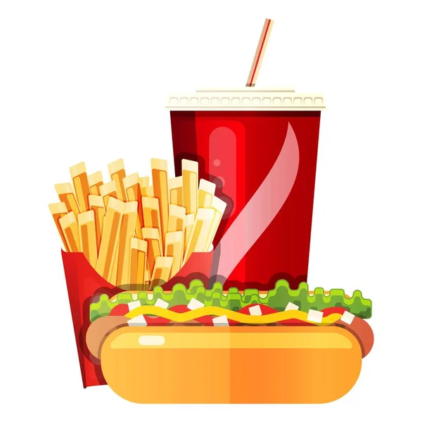 Tasses jetables de soda avec frites et hot-dog — Image vectorielle