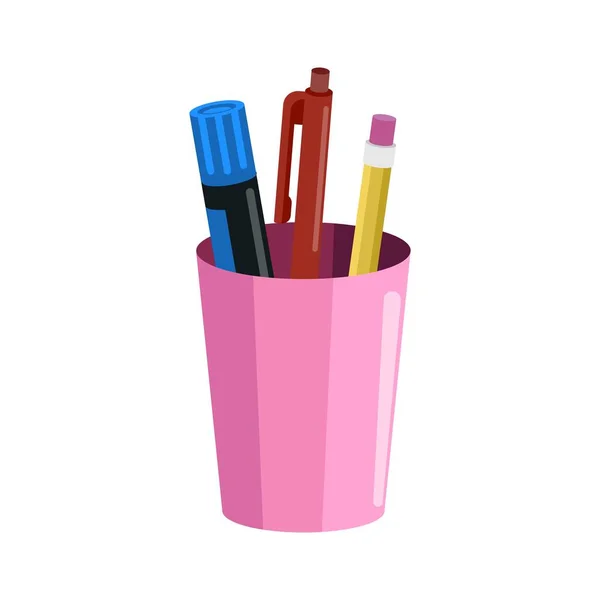 Porte Crayon Avec Stylos Crayon Une Règle Illustration Vectorielle — Image vectorielle