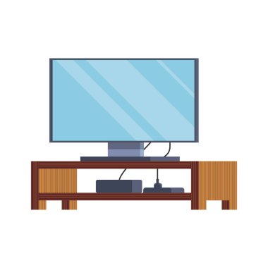 Büyük bir plazma TV standı ahşap bir stantta duruyor. Bilgisayar Monitörü, IPS Yüksek Çözünürlük, Dijital Akortçu. Online Store 'dan paketler açıldı. Satın Al.