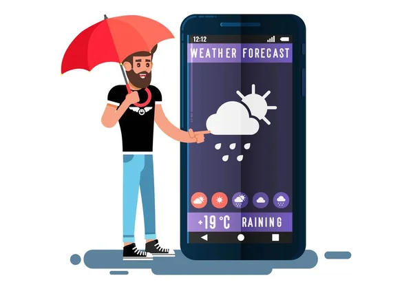 Man Umbrella Standing Front Large Smartphone Weather Forecast Application Mobile — Stock Vector