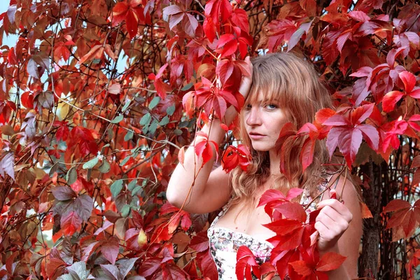 Bela sexy loira jovem mulher no dirndl moda está de pé na frente de outono folhas — Fotografia de Stock