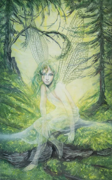 young elf fairy with green hair and dragonfly wings in a green forest