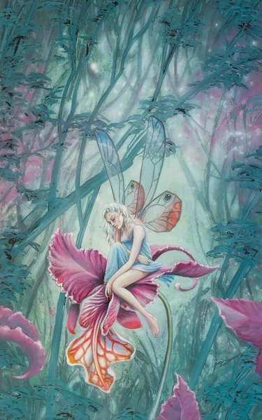 神秘的な魅力的な若いです妖精自己女の子とともにブロンド髪座っていますオンザ赤ピンク蘭の花 — ストック写真