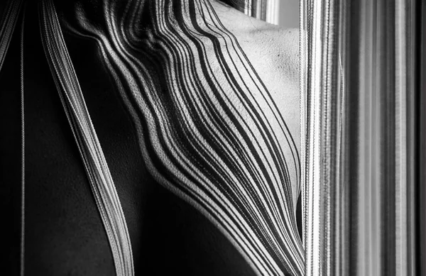 Colonne et base mammaire d'une femme sexy, les belles formes de corps modelées par les ombres d'un rideau de fil, image monochrome noir et blanc — Photo