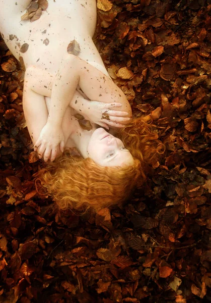 Güzel seksi güzel genç kızıl saçlı kız kırmızı altın sonbahar yaprakları üzerinde yatan, kollarında kaplı, yüzünde şehvetli gülümseme ile, kopya alanı — Stok fotoğraf
