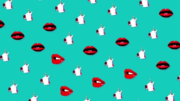 Abstract Minimal pop art motion design animation of unicorns and lips and kisses. Color background. Seamless looping animation. Modern, motion design for poster, cover, branding, banner, placard. 4k — Stock Video