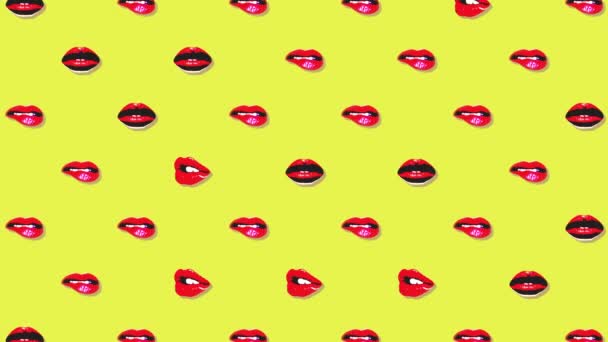 Abstrakte minimale Pop-Art-Motion-Design-Animation von Lippen und Küssen. Farbhintergrund. nahtlose Looping-Animation. Modernes, bewegtes Design für Plakate, Cover, Branding, Banner, Plakate. 4k — Stockvideo