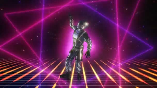 Retro-futuristische 80s Cg Astronaut dansend op Disco Neon Lights achtergrond Stage. Modern Moves beeldmateriaal voor uw evenement, concert, podiumontwerp, editors en Vj voor led-schermen en projectie mapping show — Stockvideo