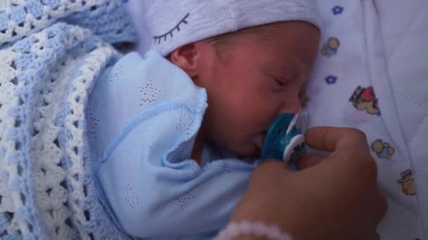 Close Up of Cute Little Neonato dorme nella culla o nella carrozzina e succhia il ciuccio. Mamma raddrizza babys ciuccio con mano — Video Stock