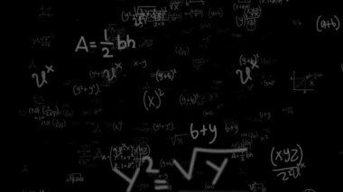 Kamera siyah zemin üzerinde beyaz matematik formüllerinin içinden uçuyor. Matematik hesaplamaları denklemleri işler. Matrix formüllerden oluşur. Soyut kavramsal süreç kavramı. Bilgisayar tarafından oluşturulan kusursuz döngü