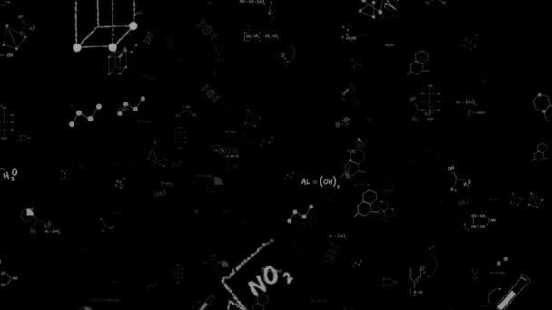 Camera flies through chemical formulas on background. Chemical reaction, various organic compounds, chemical formulas and molecules. Seamlessly loopable abstract animation — Stock Video