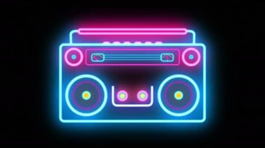Neon Neon Retro Müzik Kasedi Kayıt Radyosu Eski Antika kasetçalar, partiler ve dans etkinlikleri için. Döngülü titreşimli hoparlörler ve yuvarlanan kasetlerle getto patlatıcısı. Kusursuz Vj döngüsü