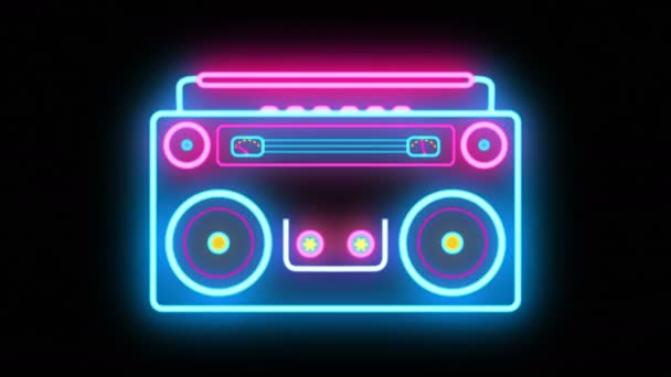Abstrait néon Retro Boombox Music Tape Recorder Radio Vieux lecteur de cassettes Vintage pour les fêtes et les occasions de danse. Blaster Ghetto avec haut-parleurs vibrants en boucle et cassette roulante. Boucle VJ sans couture — Video